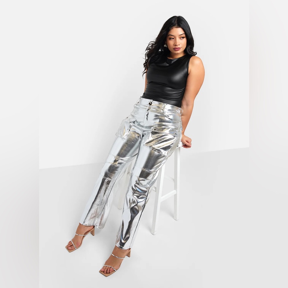 Rebdoll Lena Metallic Wide Leg Cargo Pants - Silver Croc